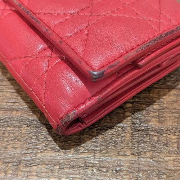 Authentic Christian Dior Lady Dior Cannage Trifold Wallet Lamb Skin Red - Picture 10 of 14